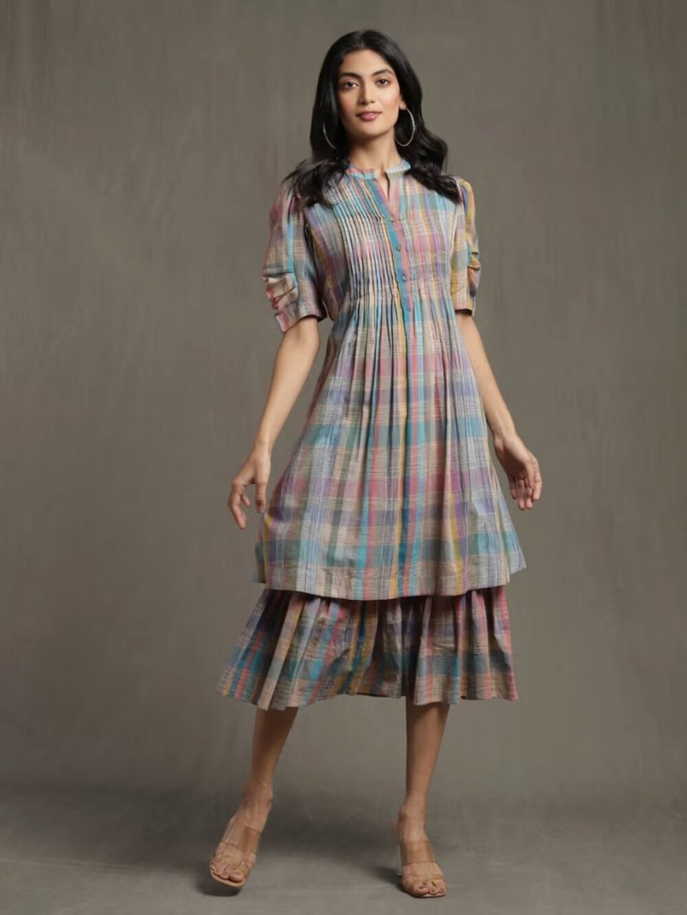 NWT Ritu Kumar Multicolor Plaid Dress in Teal, Pink, Yellow 100% Cotton